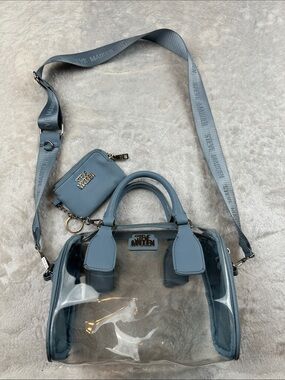 Steve Madden Clear Stadium Satchel Crossbody Bag Blue Logo Strap Coin Pouch